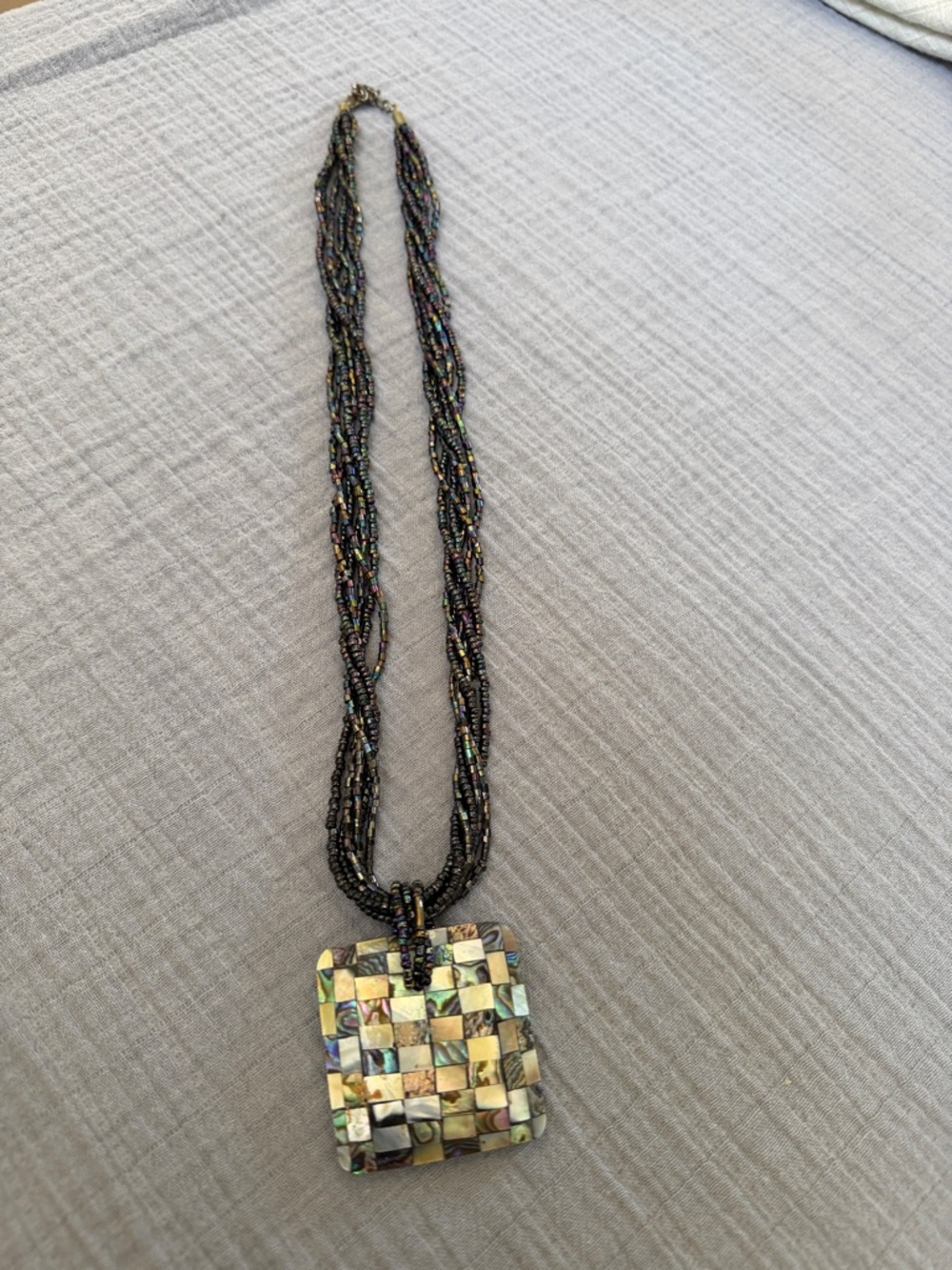 Multistrand Black Beaded Necklace with Iridescent Mosaic Pendant EUC
